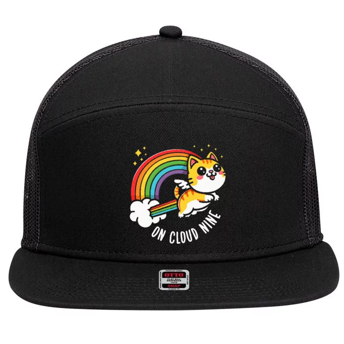 9th Birthday Funny Cat Rainbow On Cloud Nine 7 Panel Mesh Trucker Snapback Hat