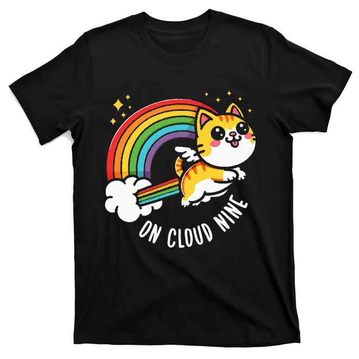 9th Birthday Funny Cat Rainbow On Cloud Nine T-Shirt