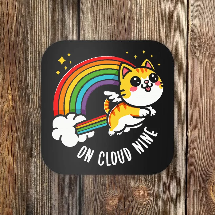 9th Birthday Funny Cat Rainbow On Cloud Nine Coaster