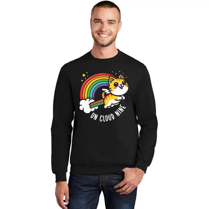 9th Birthday Funny Cat Rainbow On Cloud Nine Tall Sweatshirt