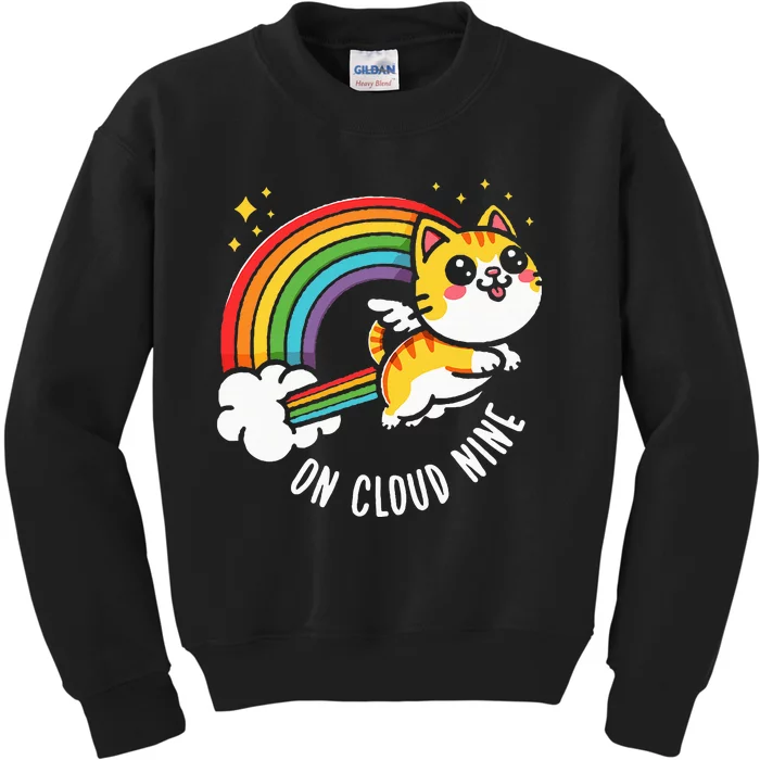 9th Birthday Funny Cat Rainbow On Cloud Nine Kids Sweatshirt