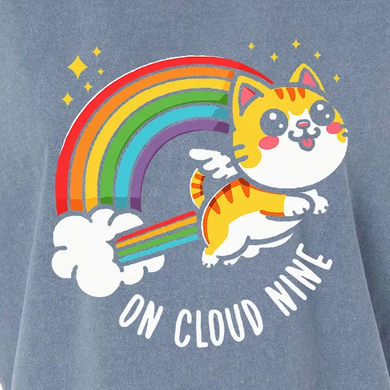 9th Birthday Funny Cat Rainbow On Cloud Nine Garment-Dyed Women's Muscle Tee