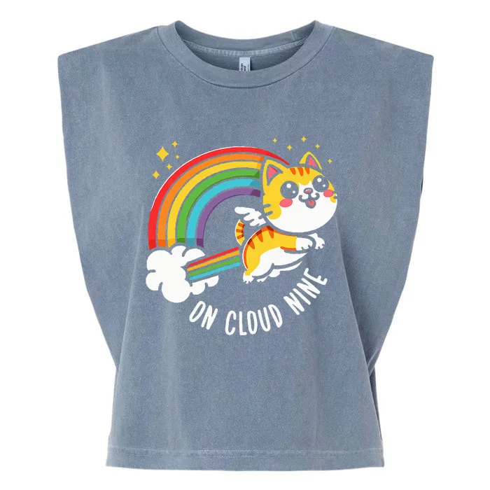 9th Birthday Funny Cat Rainbow On Cloud Nine Garment-Dyed Women's Muscle Tee