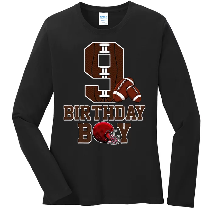 9th Birthday Football Lover Theme 9 Years Old Gift Ladies Long Sleeve Shirt