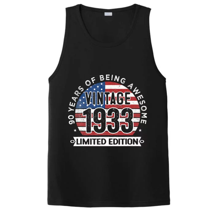 90th Birthday Gifts Vintage 1933 90 Years Old USA Flag Performance Tank