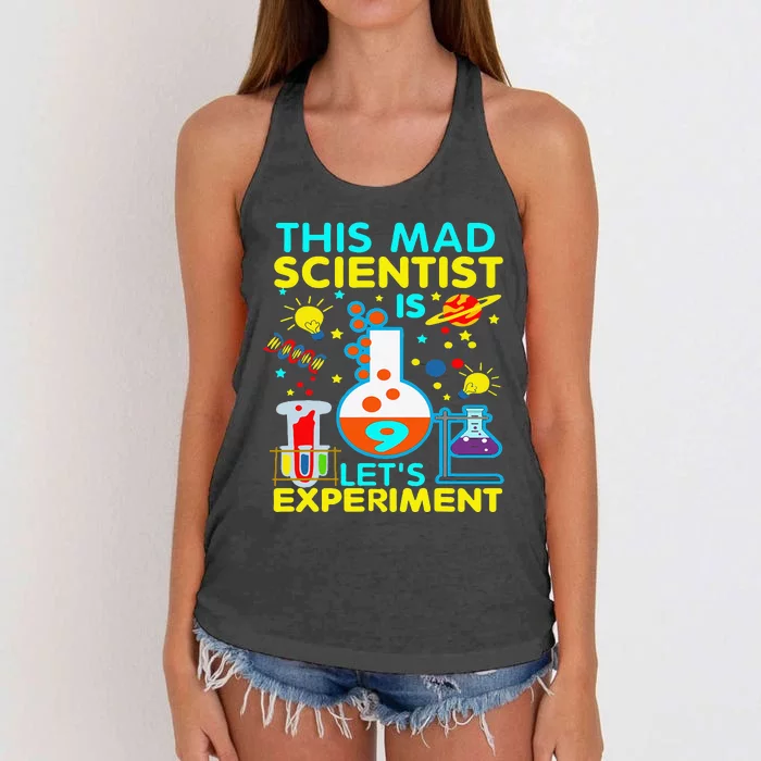 9th Birthday Gift This Mad Scientist Is 9 Let's Experiment Women's Knotted Racerback Tank