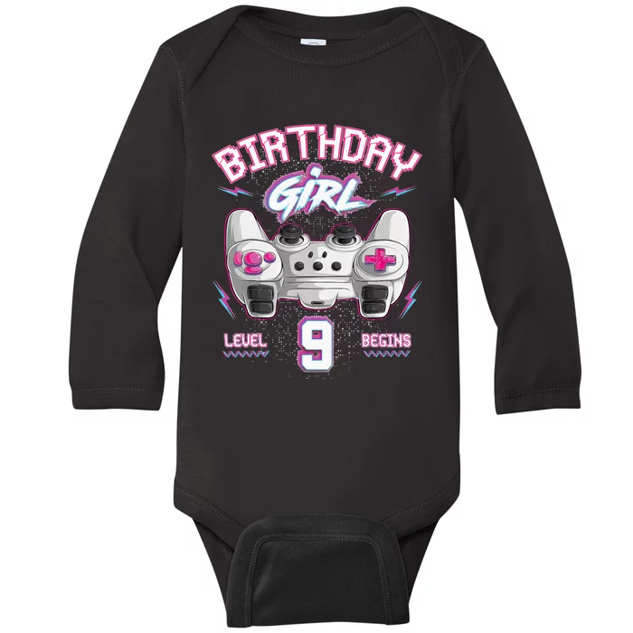 9Th Birthday  Gamer Level 9 Begins Video Games Girls Baby Long Sleeve Bodysuit