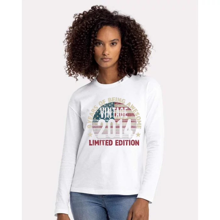 9th Birthday Gift Boy Vintage 2014 9 Years Old USA Flag Womens Cotton Relaxed Long Sleeve T-Shirt