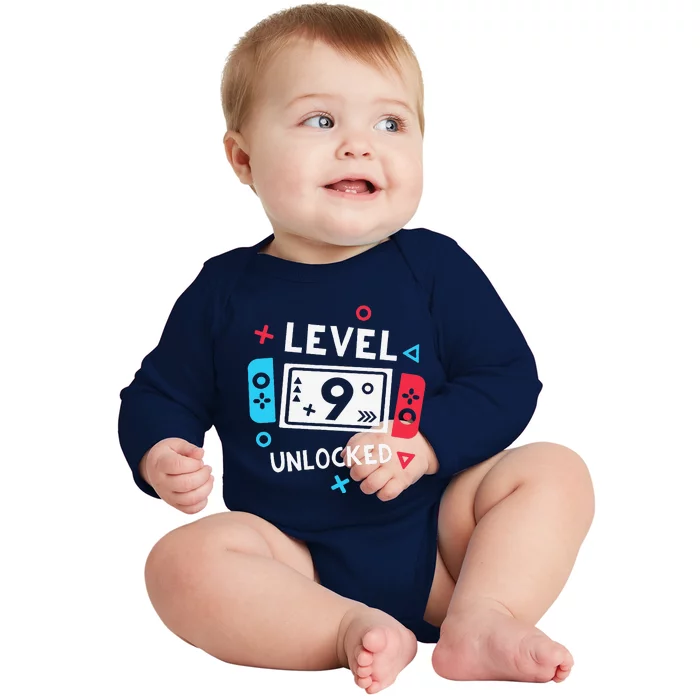 9th Birthday Level 9 Unlocked Video Game Party Baby Long Sleeve Bodysuit