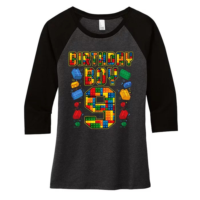 9th Birthday Master Builder 9 Years Old Block Building Women's Tri-Blend 3/4-Sleeve Raglan Shirt