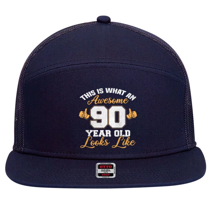 90th Birthday Novelty Gift Awesome 90 Year Old Cool Gift 7 Panel Mesh Trucker Snapback Hat