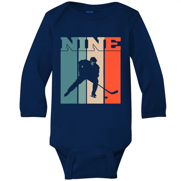 9th Birthday Retro Ice Hockey 9 Years Old Boy Girl Baby Long Sleeve Bodysuit