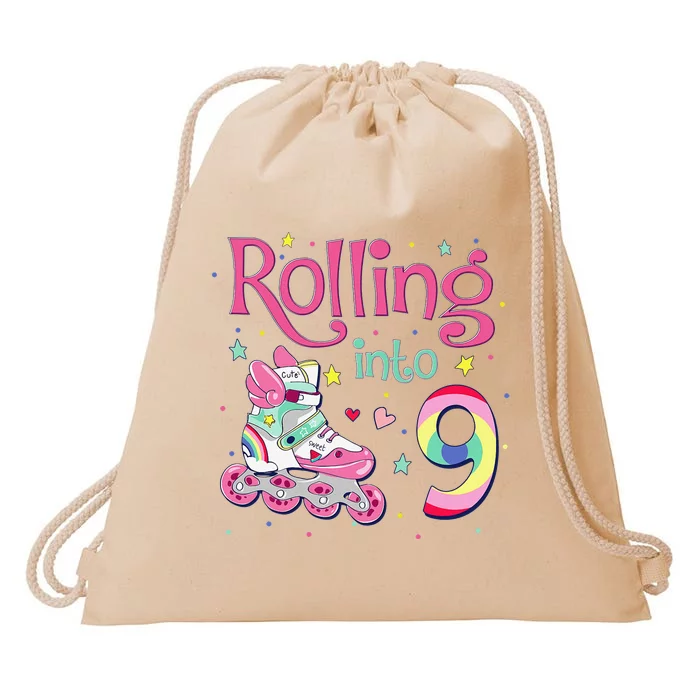 9th Bday Rolling Into 9 Birthday Roller Skate Party Drawstring Bag