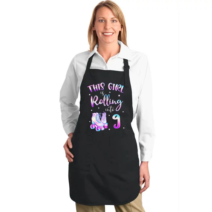 9th Bday Rolling Into 9 Birthday Girl Roller Skate Party Full-Length Apron With Pocket