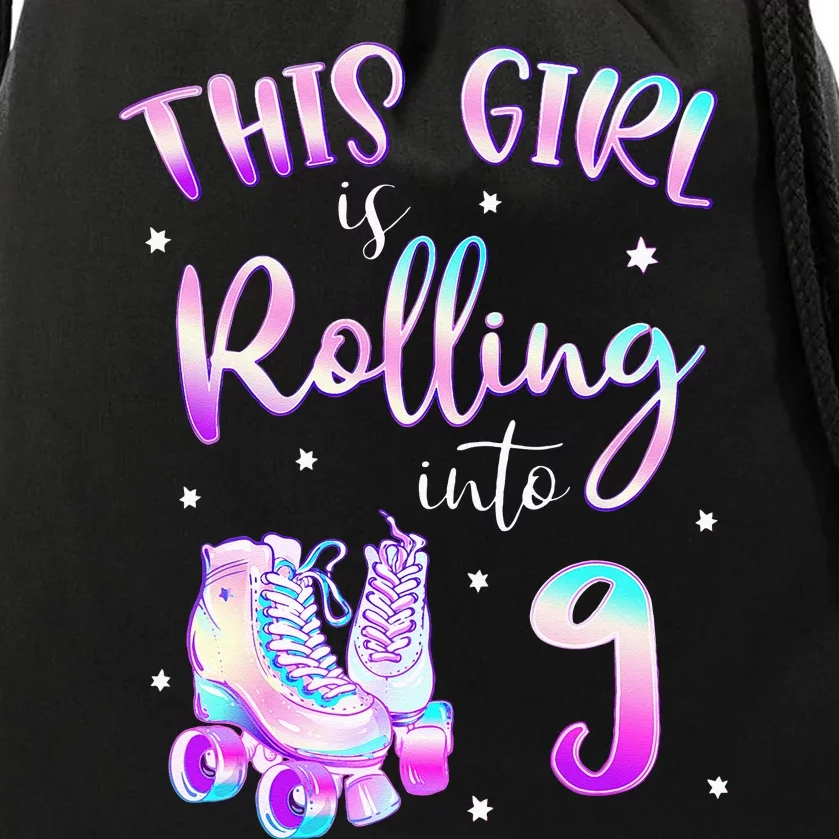 9th Bday Rolling Into 9 Birthday Girl Roller Skate Party Drawstring Bag