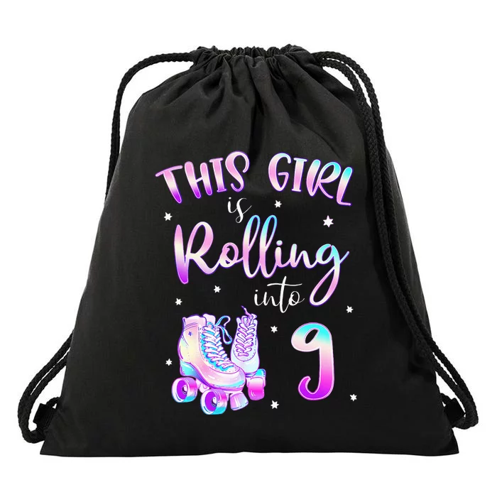 9th Bday Rolling Into 9 Birthday Girl Roller Skate Party Drawstring Bag