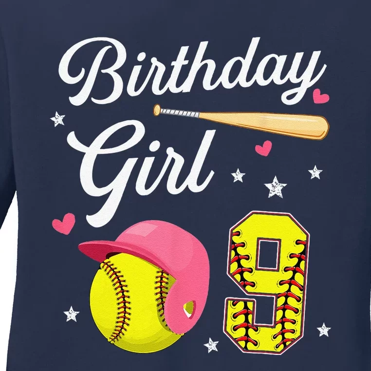 9th Birthday Softball Player Themed Nine 9 Years Old Ladies Long Sleeve Shirt