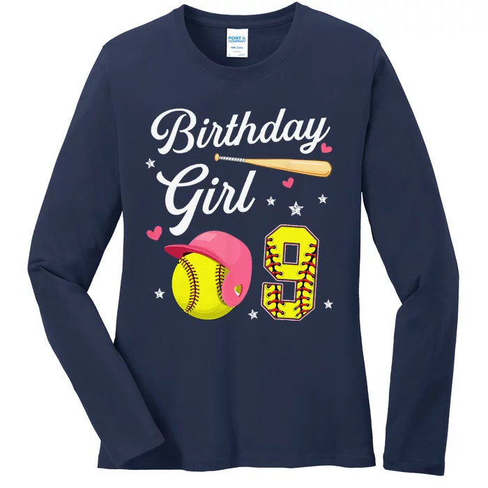 9th Birthday Softball Player Themed Nine 9 Years Old Ladies Long Sleeve Shirt