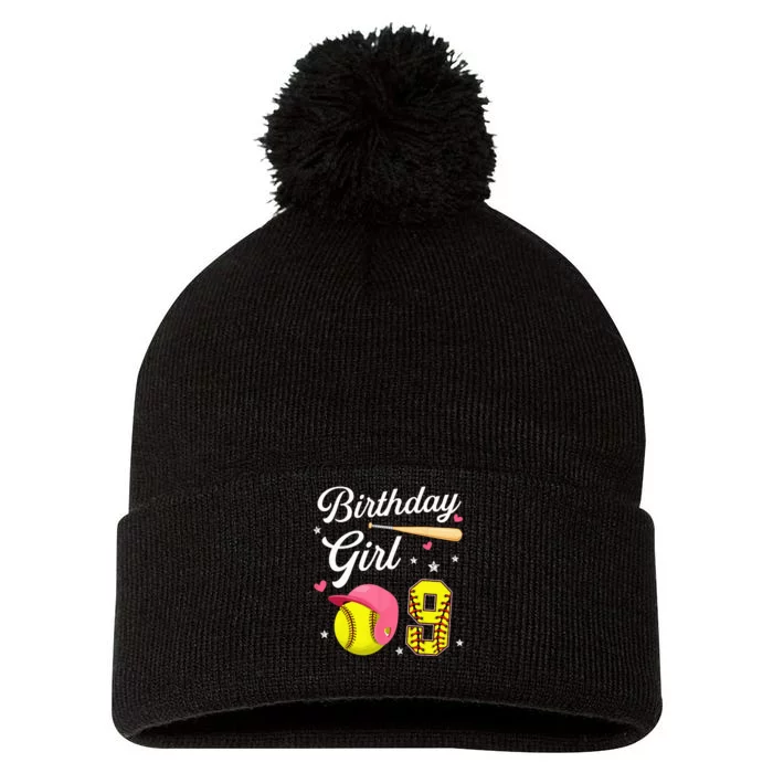 9th Birthday Softball Player Themed Nine 9 Years Old Pom Pom 12in Knit Beanie