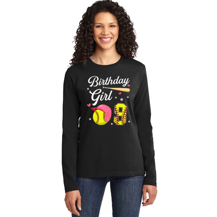 9th Birthday Softball Player Themed Nine 9 Years Old Ladies Long Sleeve Shirt