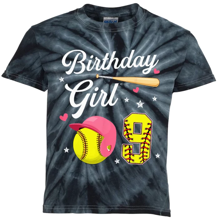 9th Birthday Softball Player Themed Nine 9 Years Old Kids Tie-Dye T-Shirt