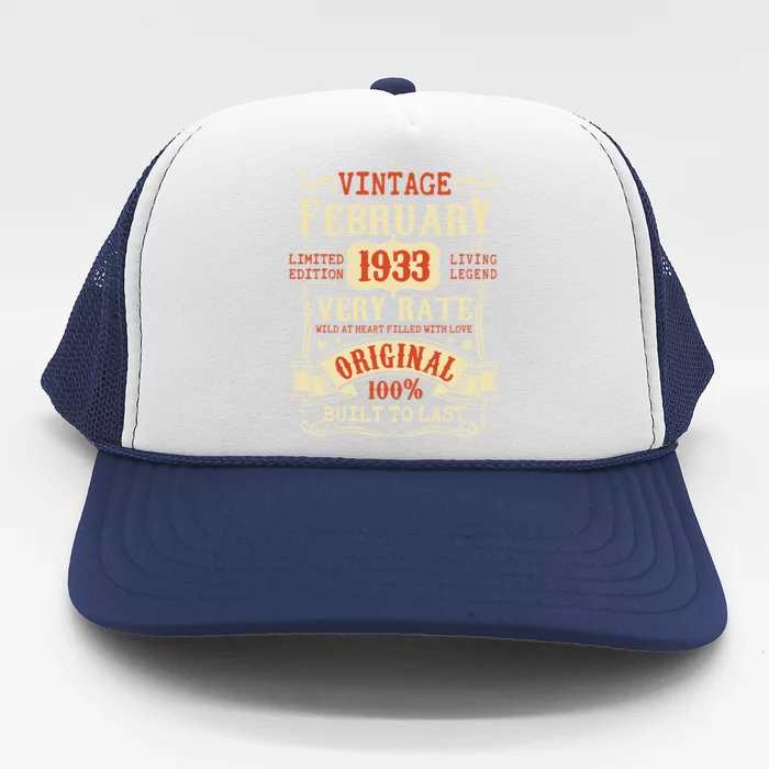 90th Birthday Vintage February 1933 90 Year Old Women Trucker Hat