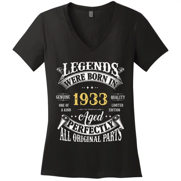 90th Birthday Vintage Legends Born In 1933 90 Years Old Women's V-Neck T-Shirt