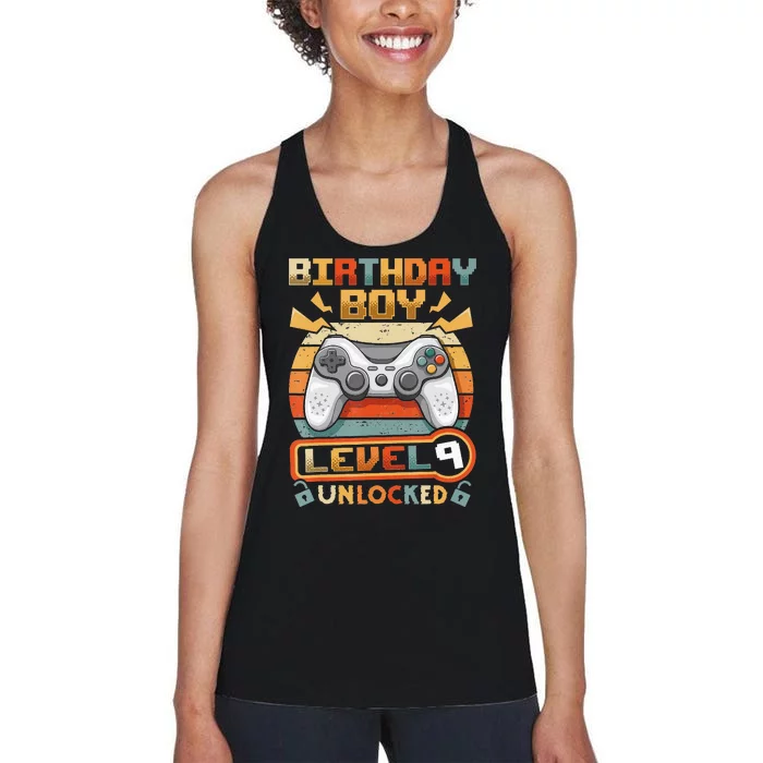 9Th Birthday  Vintage Video Gamer Level 9 Unlocked Women's Racerback Tank