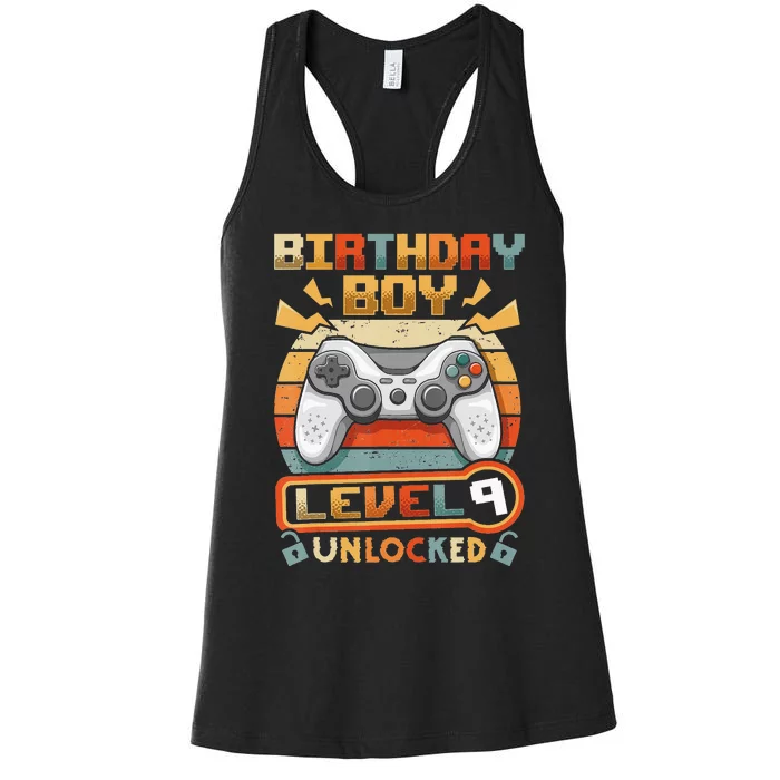 9Th Birthday  Vintage Video Gamer Level 9 Unlocked Women's Racerback Tank