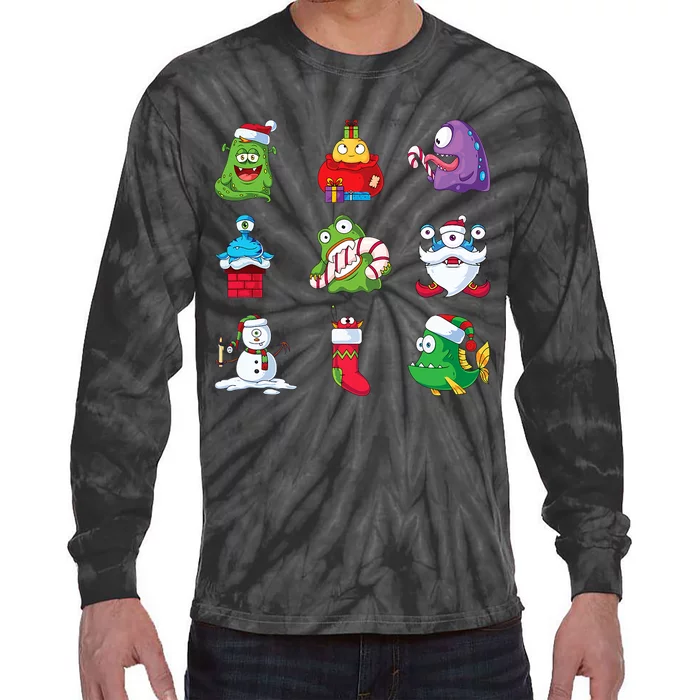 9 Christmas Alien Monsters Santa Snowman Nine Tie-Dye Long Sleeve Shirt