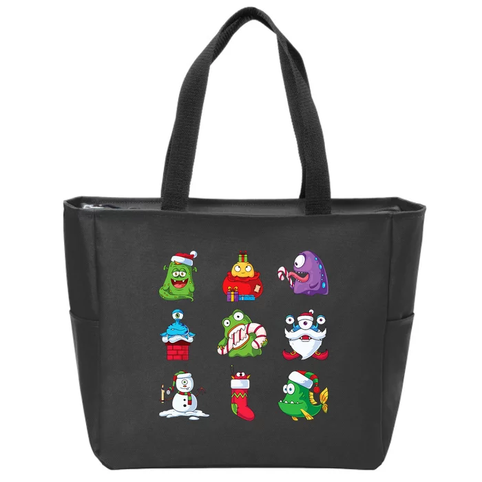 9 Christmas Alien Monsters Santa Snowman Nine Zip Tote Bag