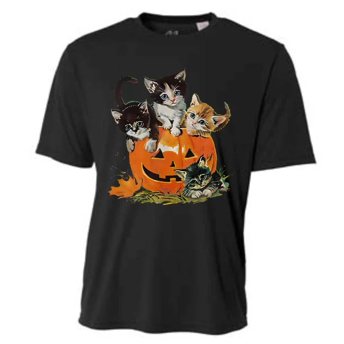 90s Cat Pumpkin Halloween Retro Floral Spooky Season Cooling Performance Crew T-Shirt