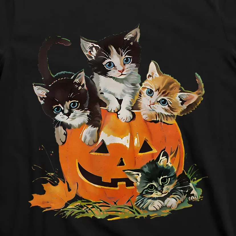 90s Cat Pumpkin Halloween Retro Floral Spooky Season T-Shirt