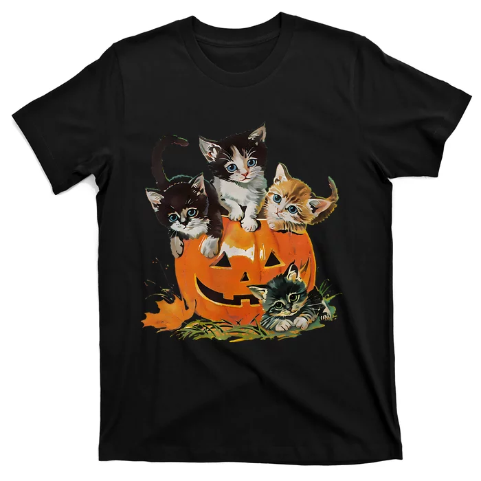 90s Cat Pumpkin Halloween Retro Floral Spooky Season T-Shirt