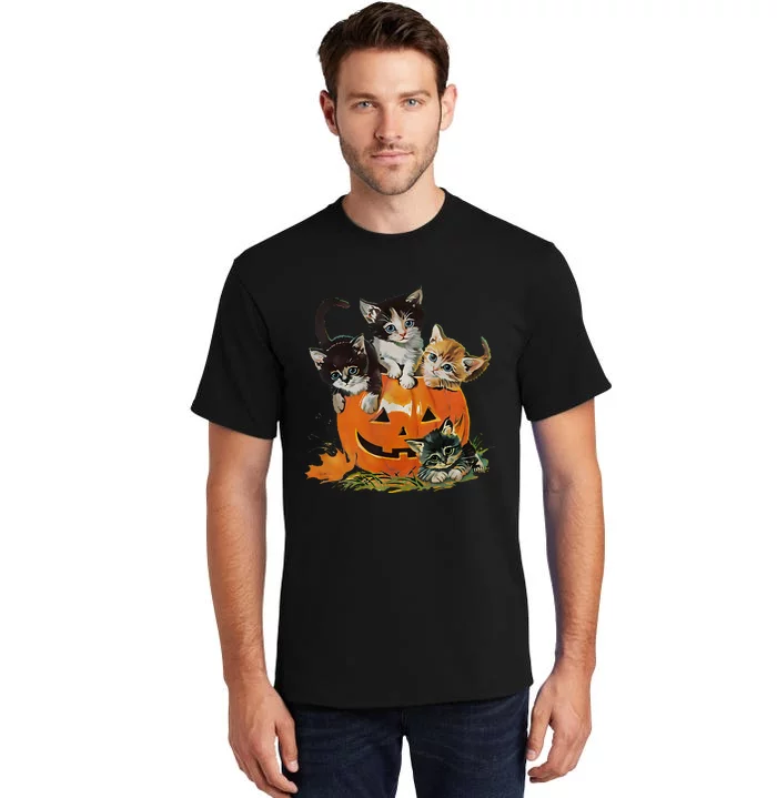 90s Cat Pumpkin Halloween Retro Floral Spooky Season Tall T-Shirt