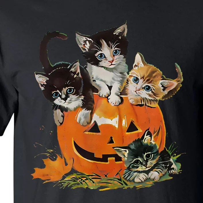 90s Cat Pumpkin Halloween Retro Floral Spooky Season Tall T-Shirt