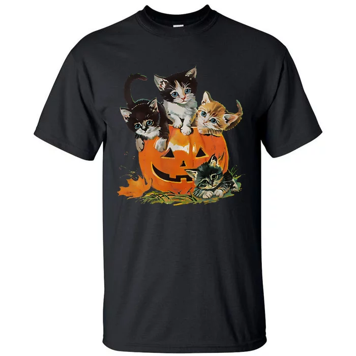 90s Cat Pumpkin Halloween Retro Floral Spooky Season Tall T-Shirt