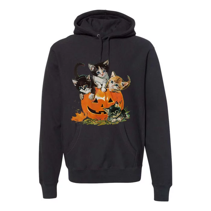 90s Cat Pumpkin Halloween Retro Floral Spooky Season Premium Hoodie