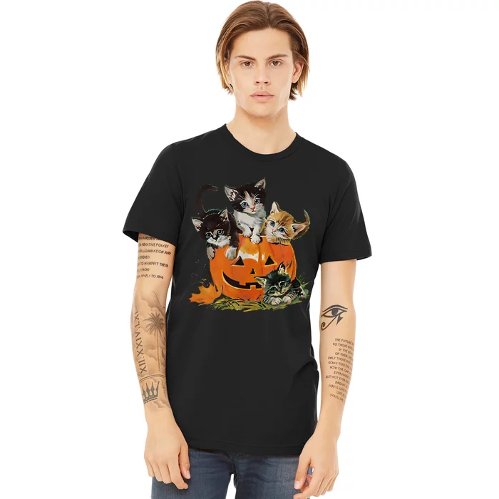 90s Cat Pumpkin Halloween Retro Floral Spooky Season Premium T-Shirt