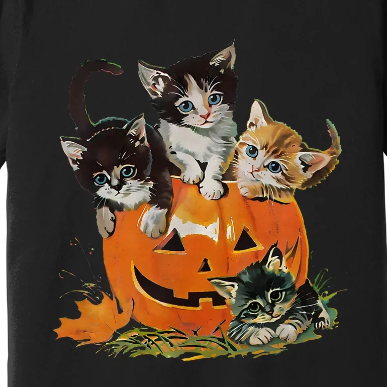 90s Cat Pumpkin Halloween Retro Floral Spooky Season Premium T-Shirt