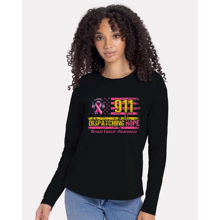 911 Dispatcher Breast Cancer Awareness American Flag Womens Cotton Relaxed Long Sleeve T-Shirt