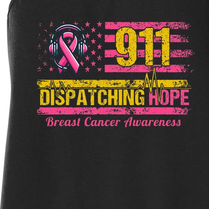 911 Dispatcher Breast Cancer Awareness American Flag Women's Racerback Tank