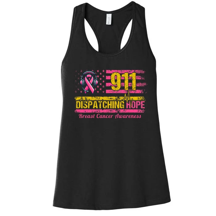 911 Dispatcher Breast Cancer Awareness American Flag Women's Racerback Tank