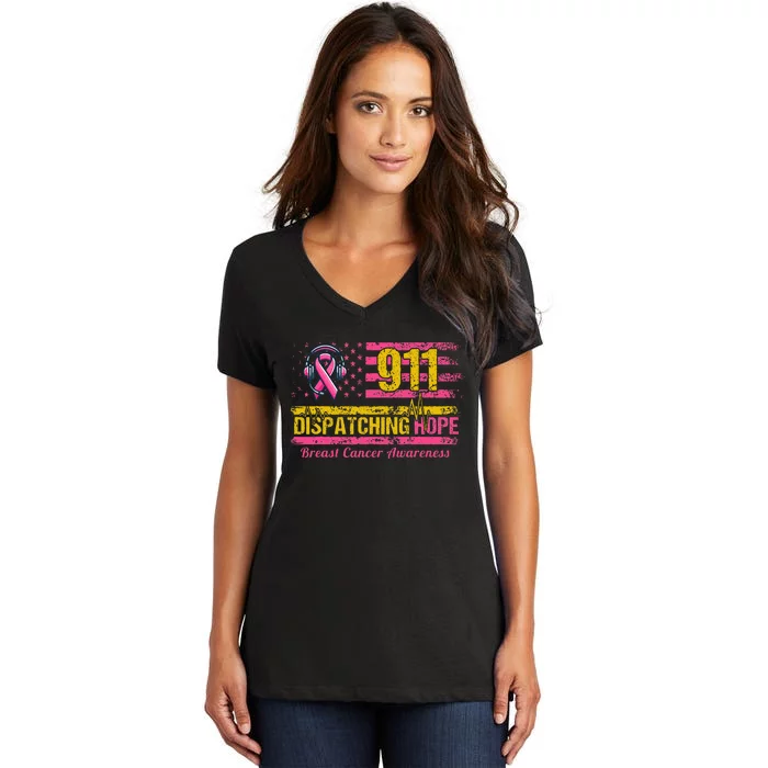 911 Dispatcher Breast Cancer Awareness American Flag Women's V-Neck T-Shirt