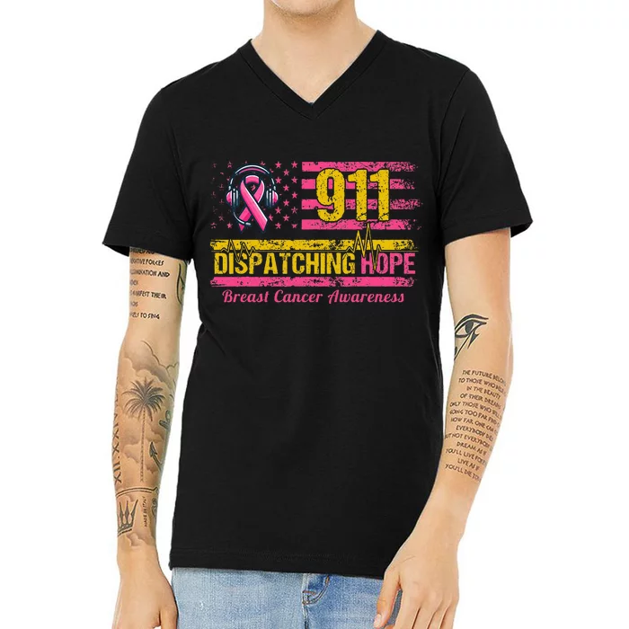 911 Dispatcher Breast Cancer Awareness American Flag V-Neck T-Shirt