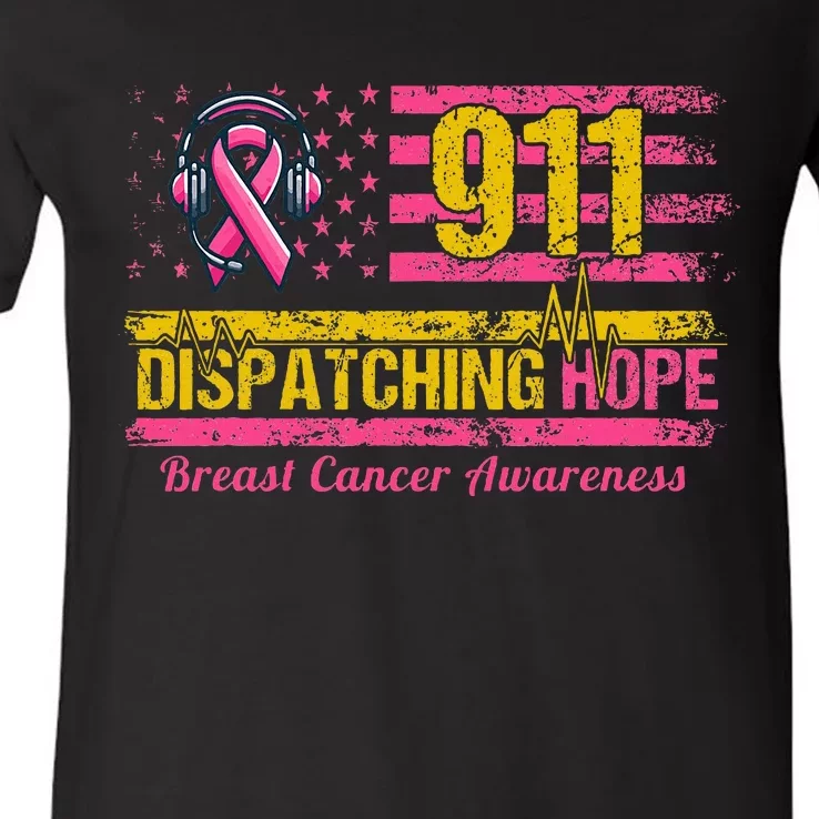 911 Dispatcher Breast Cancer Awareness American Flag V-Neck T-Shirt