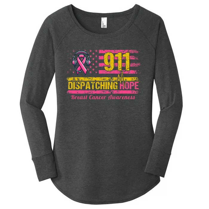 911 Dispatcher Breast Cancer Awareness American Flag Women's Perfect Tri Tunic Long Sleeve Shirt