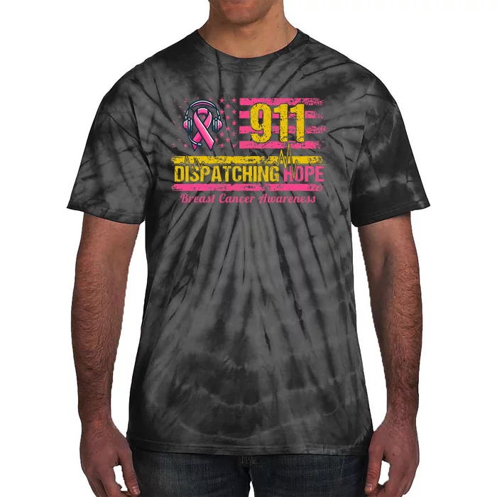 911 Dispatcher Breast Cancer Awareness American Flag Tie-Dye T-Shirt