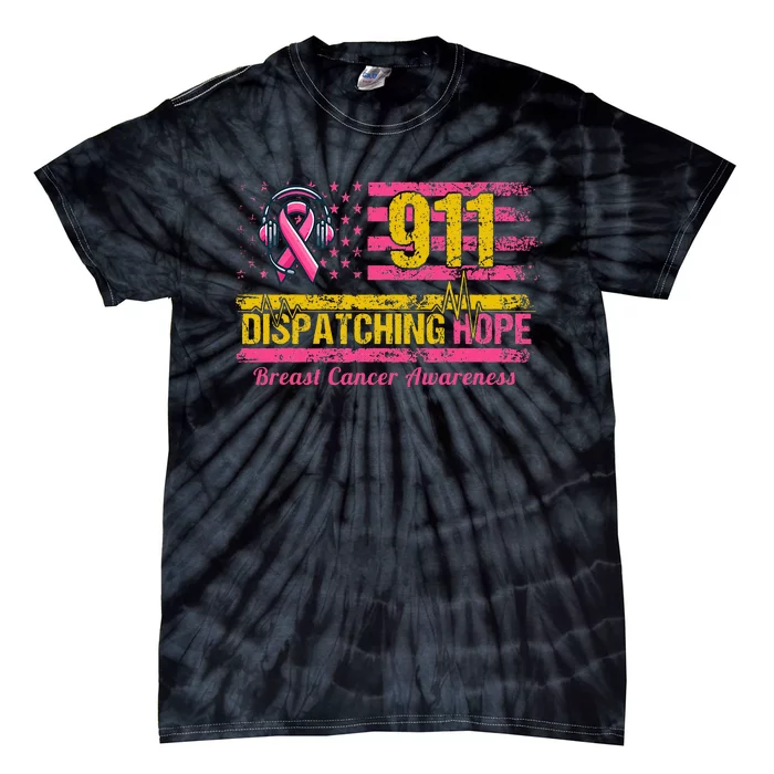 911 Dispatcher Breast Cancer Awareness American Flag Tie-Dye T-Shirt