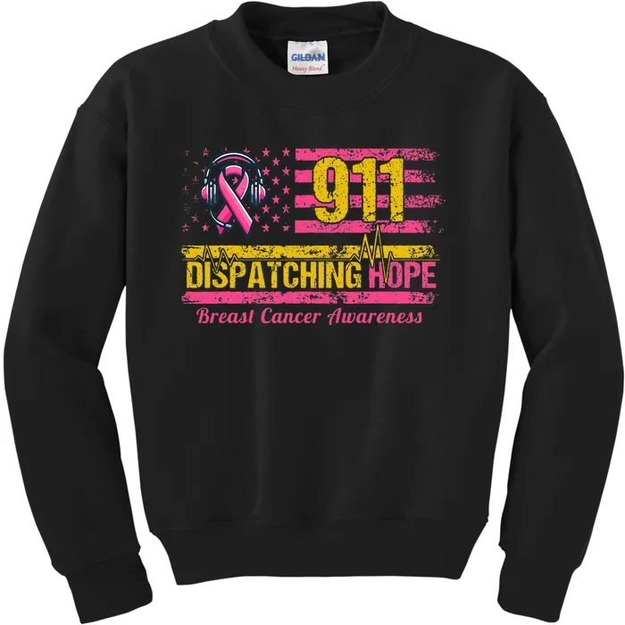 911 Dispatcher Breast Cancer Awareness American Flag Kids Sweatshirt